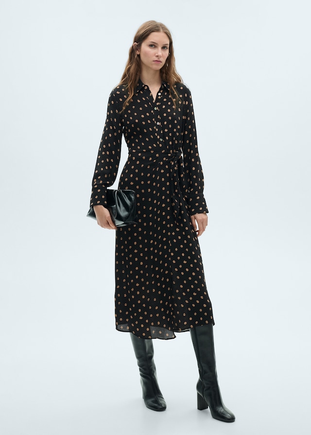 Mango Polka-Dots-Hemdblusenkleid mit Knotendetail Kostenlose Rückgabe
