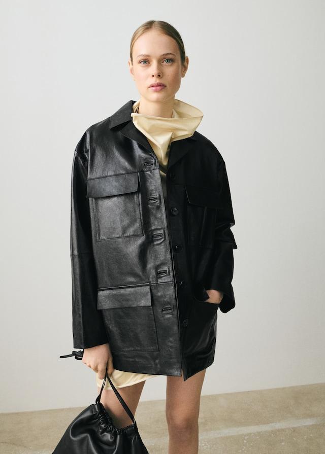 Mango Oversized-Lederjacke mit Taschen Lagerräumung
