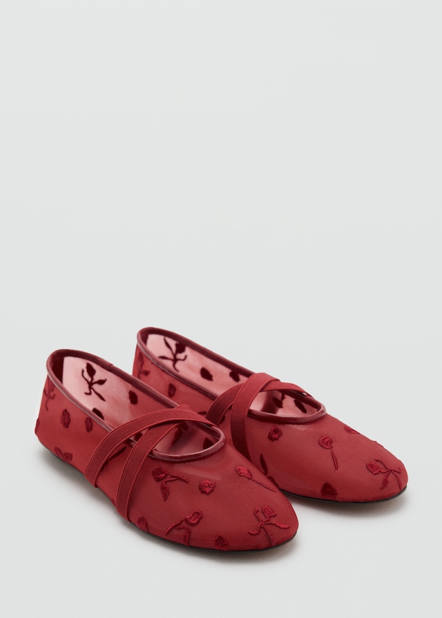 Mango Ballerinas mit Kreuzriemen und Blumenstickerei Neueste Stile