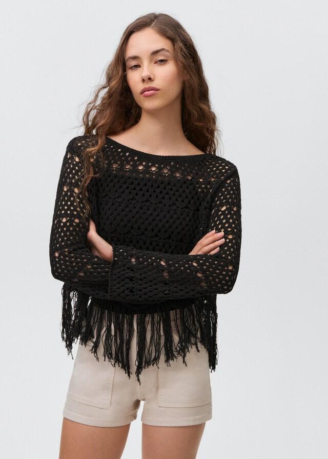 Mango Pullover mit Lochmuster und Fransendetail Sonderangebot der Fabrik