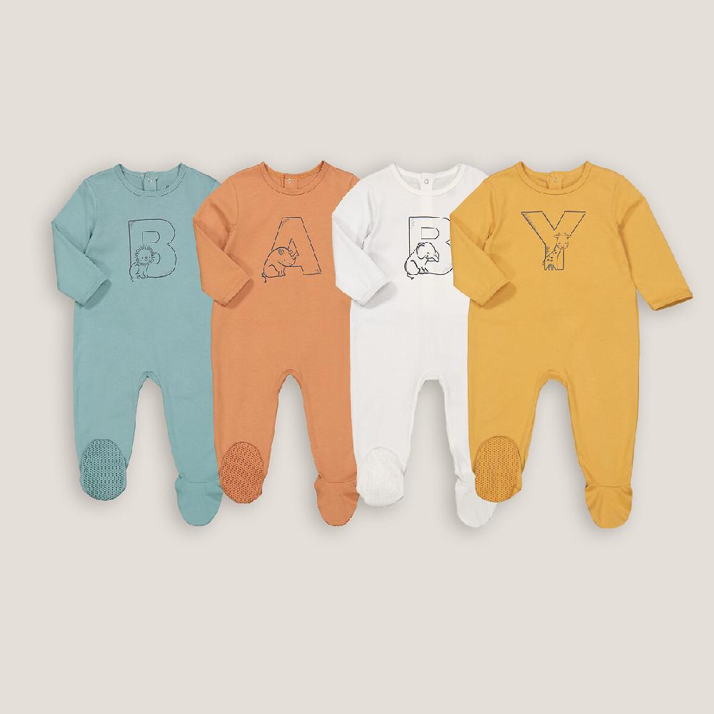 laredoute 4er-Pack Strampler mit Fuss Buchstabenmotiv blau + braun + ecru LA REDOUTE COLLECTIONS Exklusivangebot