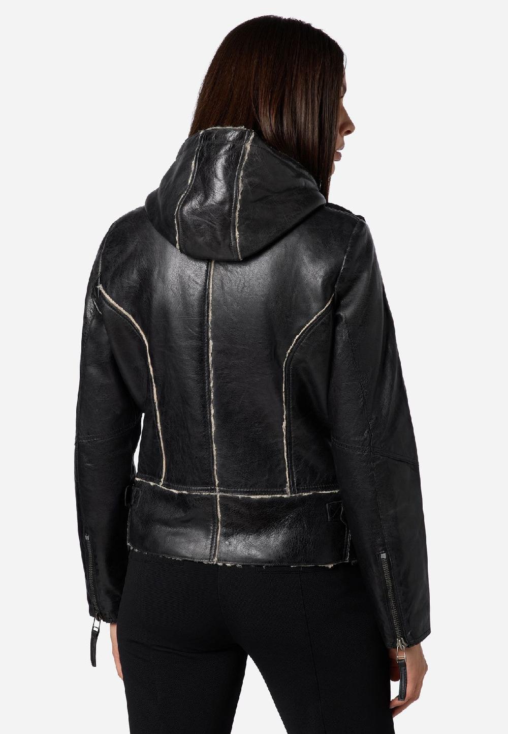RICANO Damen Lederjacke Jule Bikerjacke mit Fellfütterung und Kapuze Osterangebot