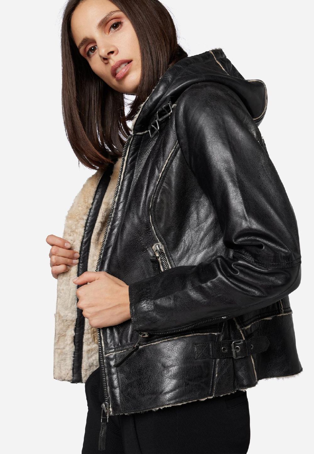 RICANO Damen Lederjacke Jule Bikerjacke mit Fellfütterung und Kapuze Osterangebot