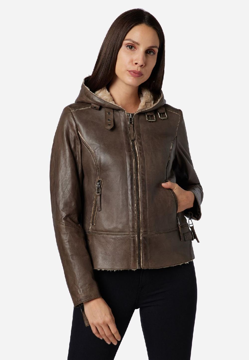 RICANO Damen Lederjacke Jule Bikerjacke mit Fellfütterung und Kapuze Muttertagsangebot