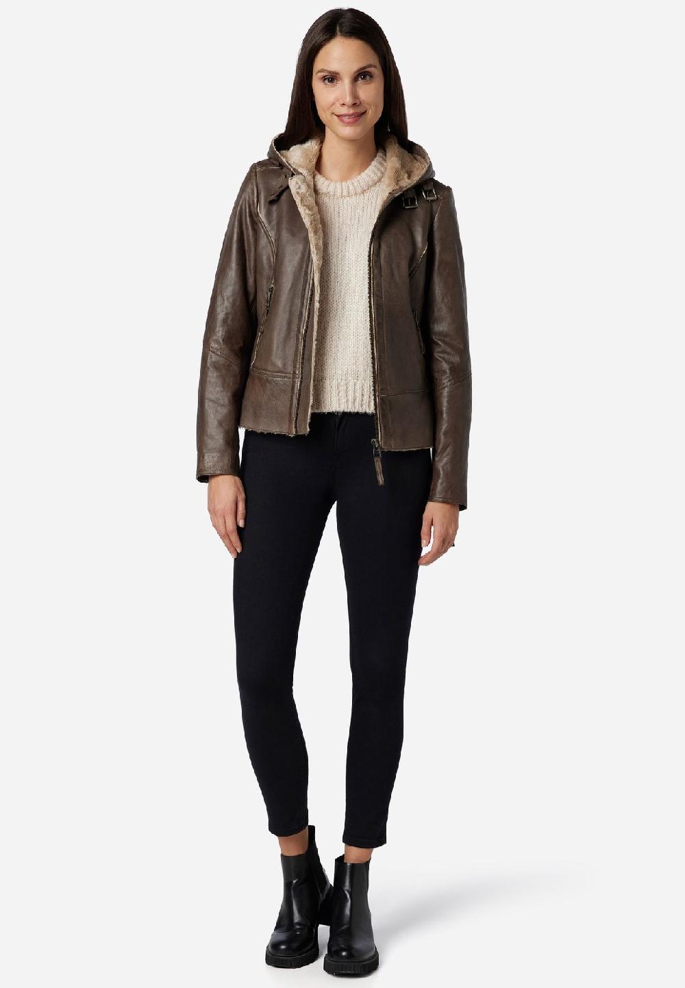 RICANO Damen Lederjacke Jule Bikerjacke mit Fellfütterung und Kapuze Muttertagsangebot
