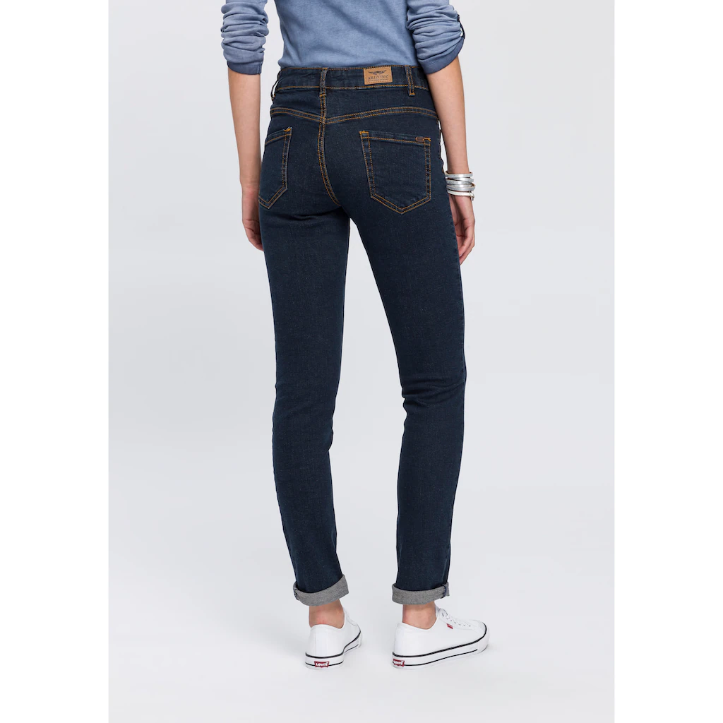 Arizona Slim-fit-Jeans »Bund mit seitlichem Gummizugeinsatz« schmale Passform Röhrenjeans Used-Waschung hohe Leibhöhe Outlet