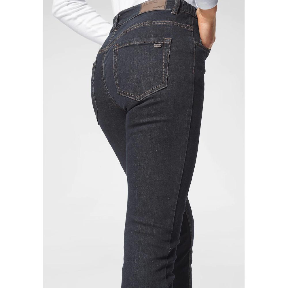 Arizona Slim-fit-Jeans »Bund mit seitlichem Gummizugeinsatz« schmale Passform Röhrenjeans Used-Waschung hohe Leibhöhe Outlet