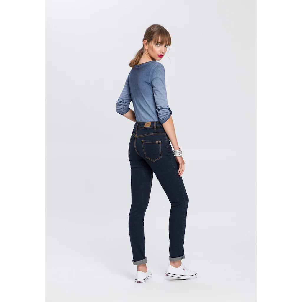 Arizona Slim-fit-Jeans »Bund mit seitlichem Gummizugeinsatz« schmale Passform Röhrenjeans Used-Waschung hohe Leibhöhe Outlet