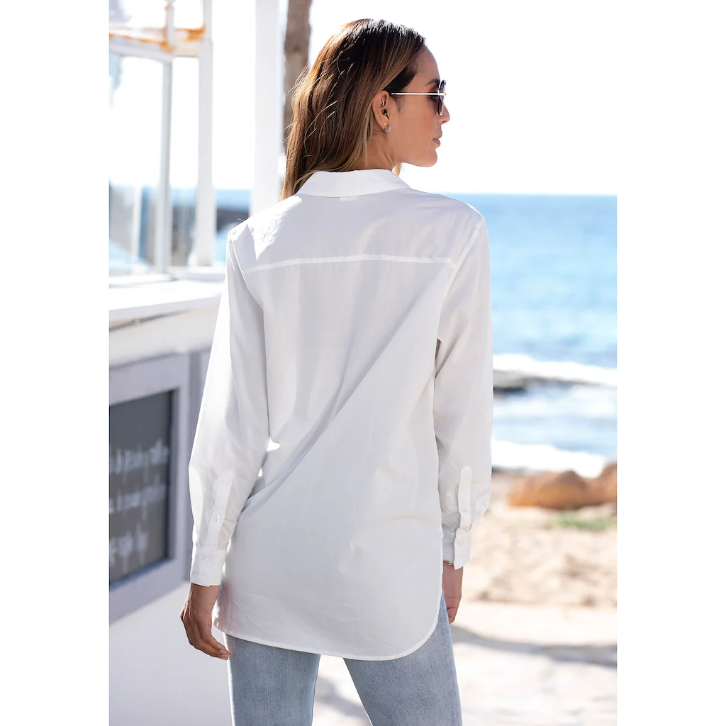 LASCANA Hemdbluse hinten länger geschnitten Damenbluse aus Baumwolle klassisch-elegant Valentinstagsangebot