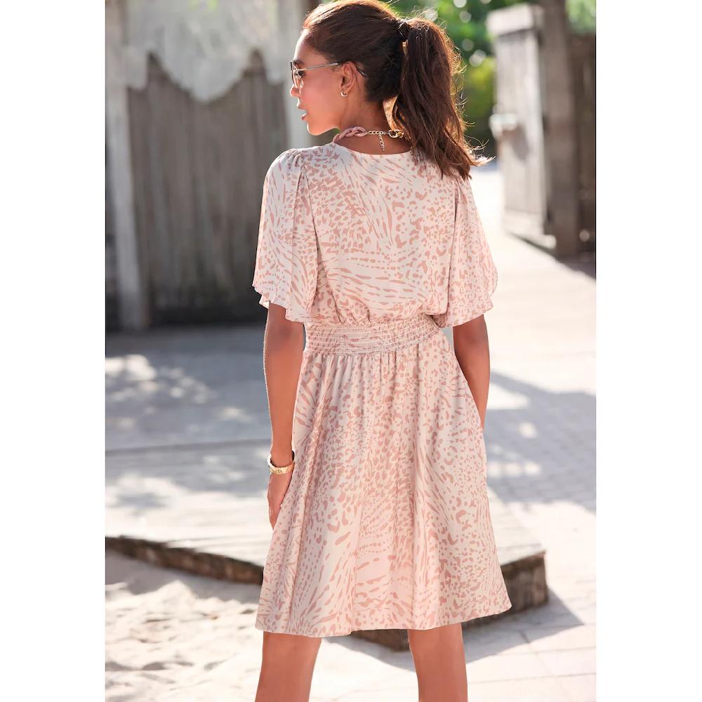 LASCANA Sommerkleid mit Animalprint und Fledermausärmeln Satinoptik elastisch Outlet