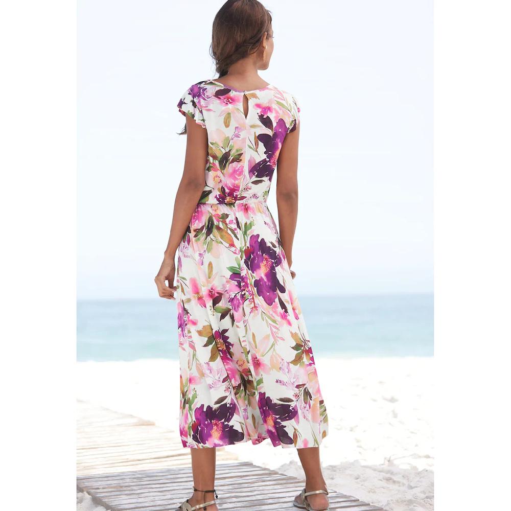Beachtime Midikleid mit Blumendruck und Gummizug Sommerkleid Strandkleid Fabrikladen