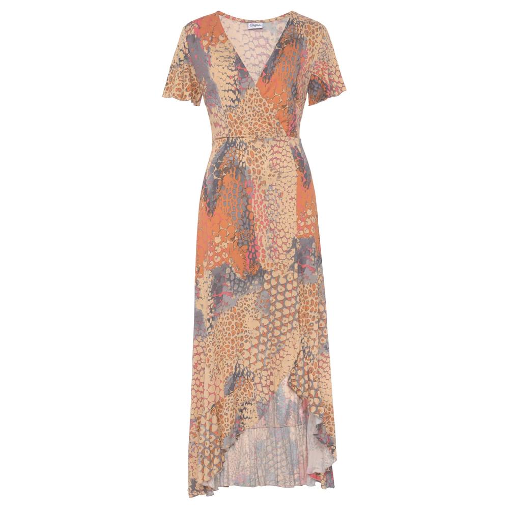 Buffalo Maxikleid mit Animalprint Schlitz und Volant Flügelärmel Druckkleid Outlet