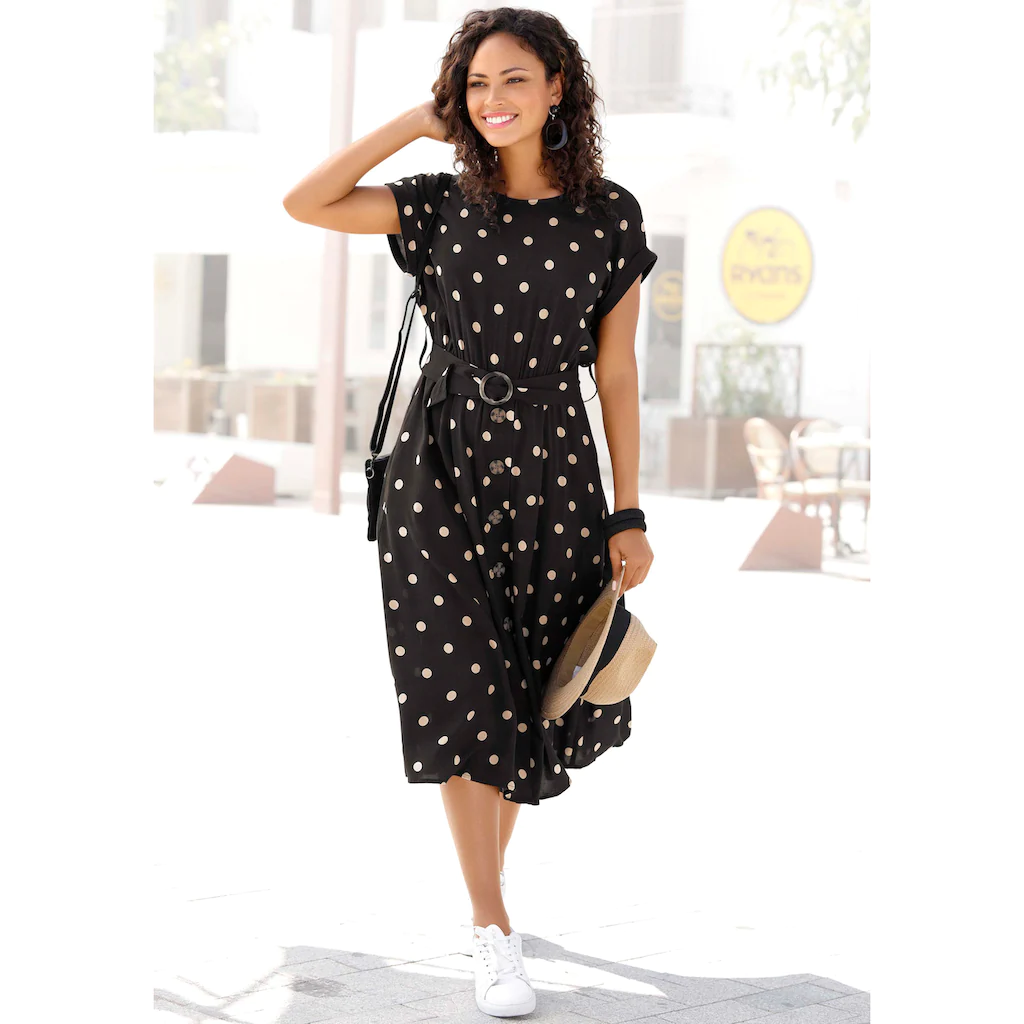 LASCANA Midikleid (mit Gürtel) mit Punktedruck und Taschen Sommerkleid