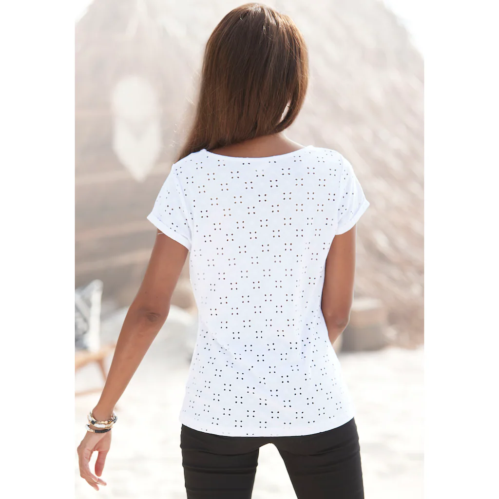 LASCANA Strandshirt mit Lochstickerei T-Shirt Kurzarmshirt Basic Valentinstagsangebot