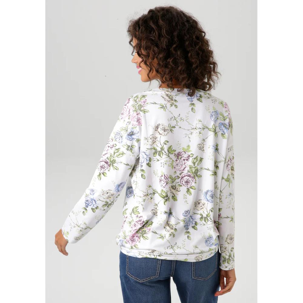 Aniston CASUAL Langarmshirt mit silberfarbenen Schriftzug verzierter Rosendruck - NEUE KOLLEKTION Hotsell