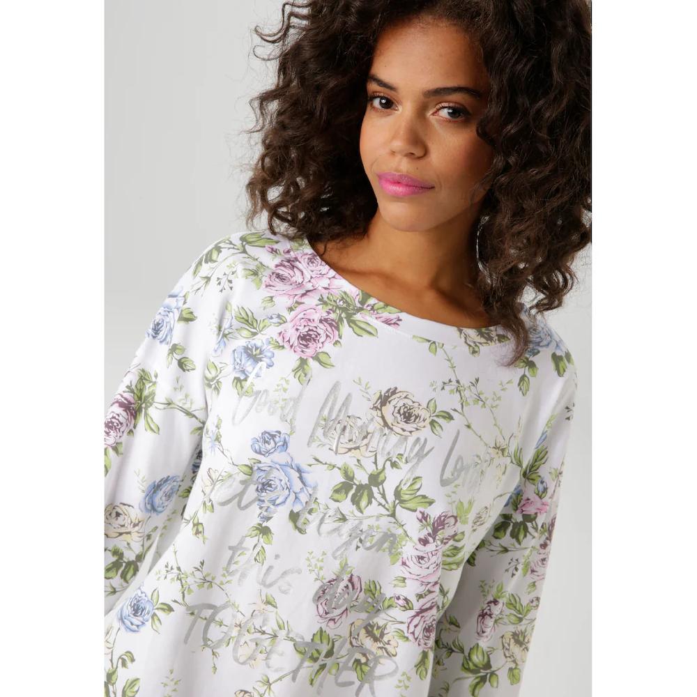Aniston CASUAL Langarmshirt mit silberfarbenen Schriftzug verzierter Rosendruck - NEUE KOLLEKTION Hotsell