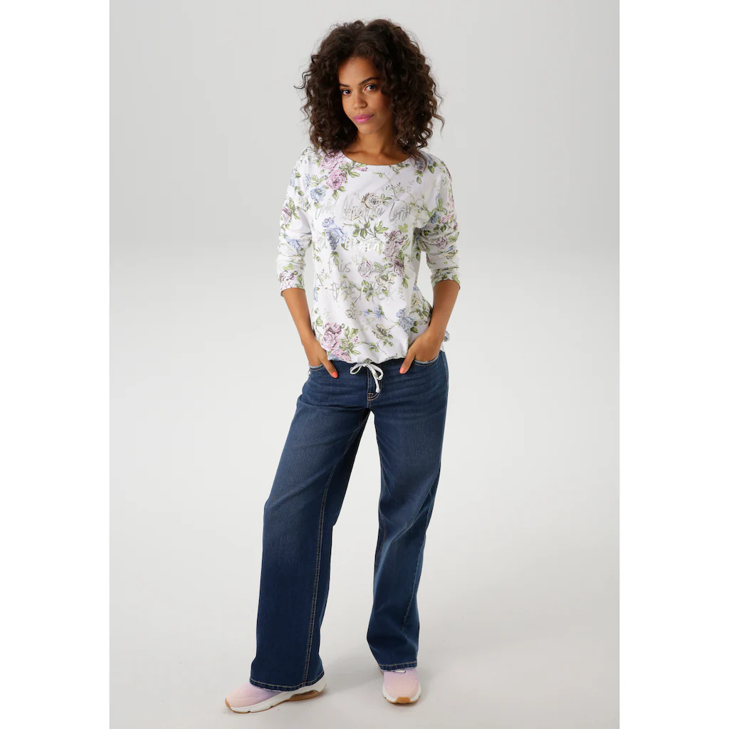 Aniston CASUAL Langarmshirt mit silberfarbenen Schriftzug verzierter Rosendruck - NEUE KOLLEKTION Hotsell