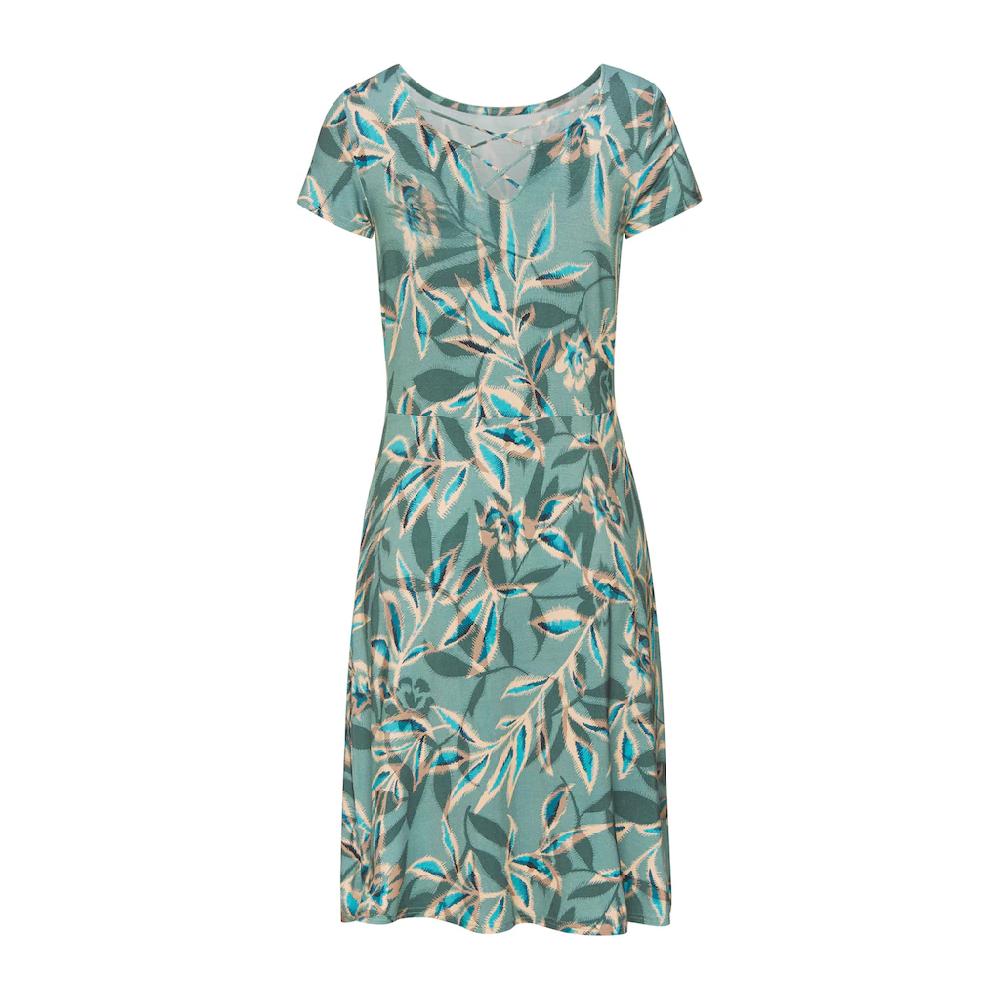 Vivance Sommerkleid mit Alloverdruck und Zierbändern am Ausschnitt kurzes Strandkleid Sonderangebot der Fabrik