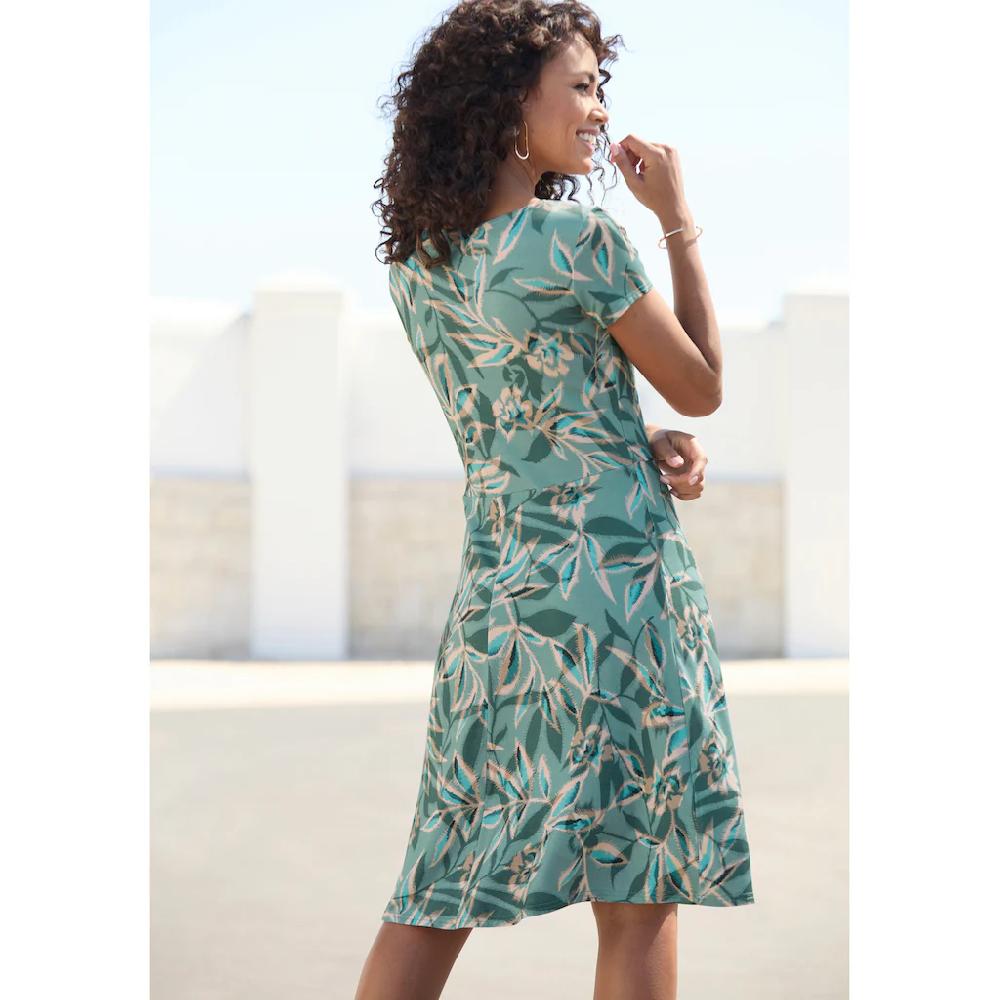 Vivance Sommerkleid mit Alloverdruck und Zierbändern am Ausschnitt kurzes Strandkleid Sonderangebot der Fabrik