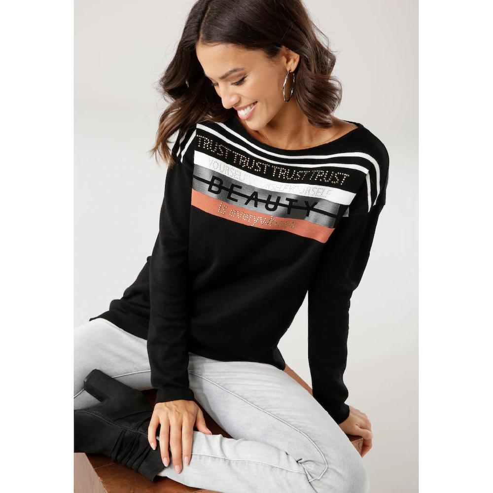 Laura Scott Strickpullover in Streifen-Design mit Glitzersteinen Tiefpreis