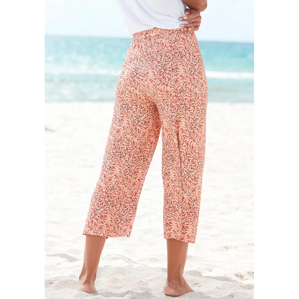 Beachtime Culotte (mit Bindegürtel) mit Blätterdruck und Bindeband luftig-leichte Sommerhose Blitzangebot