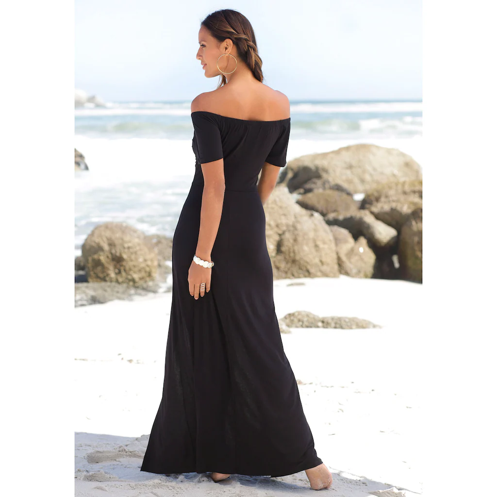 LASCANA Maxikleid mit langen Beinschlitzen und Carmenausschnitt schulterfrei Basic 2025