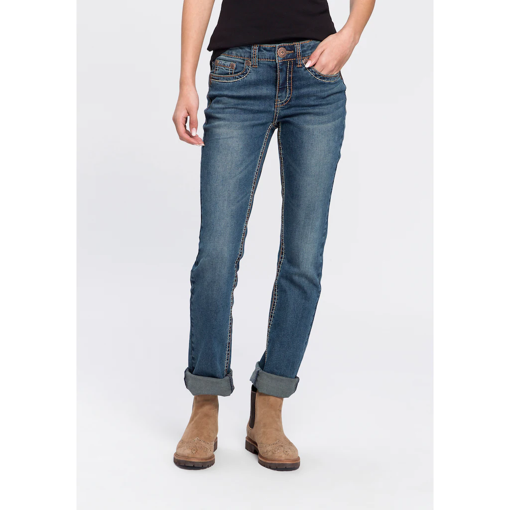 Arizona Gerade Jeans »Kontrastnähte« niedrige Leibhöhe in 5-Pocket-Form Used-Look-Waschung Vatertagsangebot