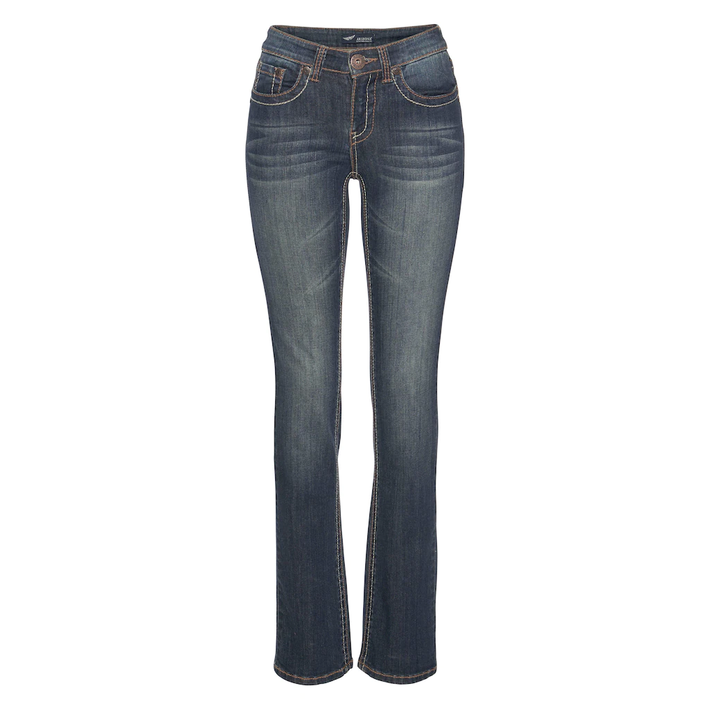 Arizona Gerade Jeans »Kontrastnähte« niedrige Leibhöhe in 5-Pocket-Form Used-Look-Waschung Vatertagsangebot