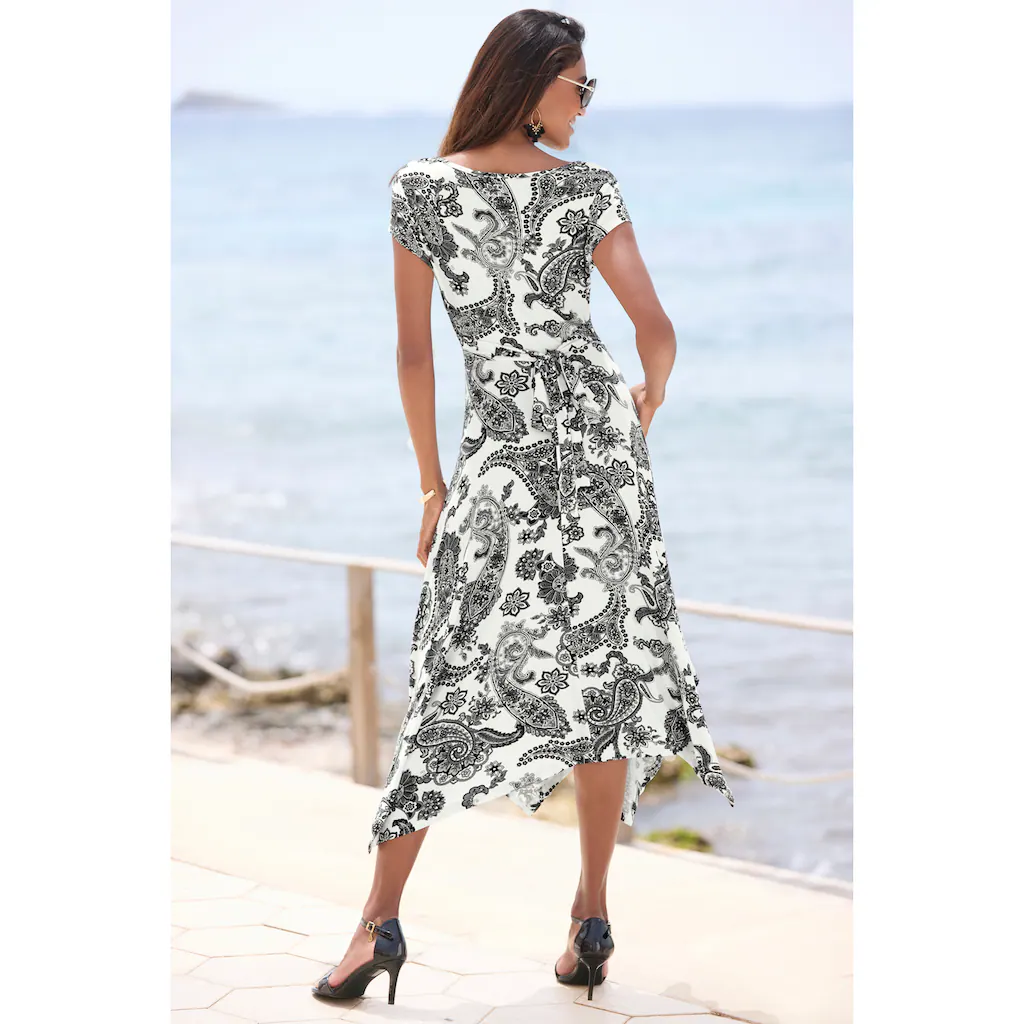 LASCANA Sommerkleid mit Zipfelsaum und Schleife in der Taille Strandkleid Paisley-Muster Schlussverkauf