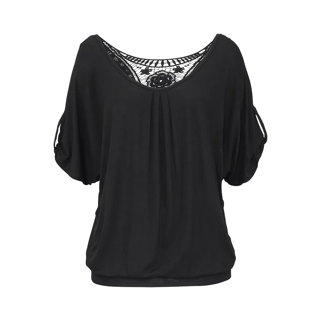 LASCANA Strandshirt mit Häkeleinsatz am Rücken T-Shirt weite Passform luftig und locker Fabrikpreis