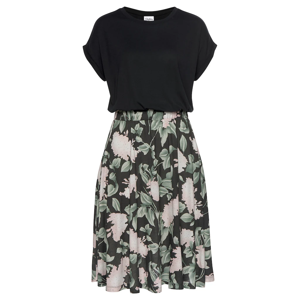 Buffalo Jerseykleid mit Paperbag-Bund und bedrucktem Rock kurzes Sommerkleid Strandkleid Jubiläumsangebot