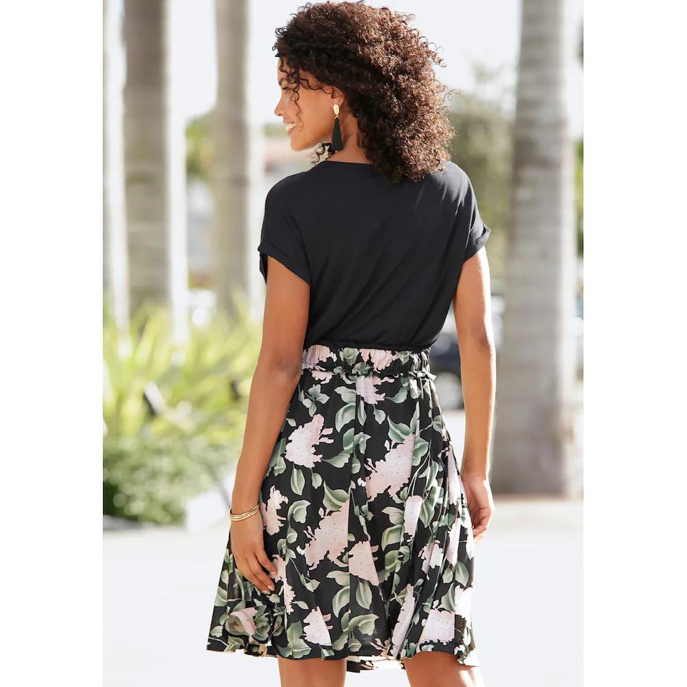 Buffalo Jerseykleid mit Paperbag-Bund und bedrucktem Rock kurzes Sommerkleid Strandkleid Jubiläumsangebot