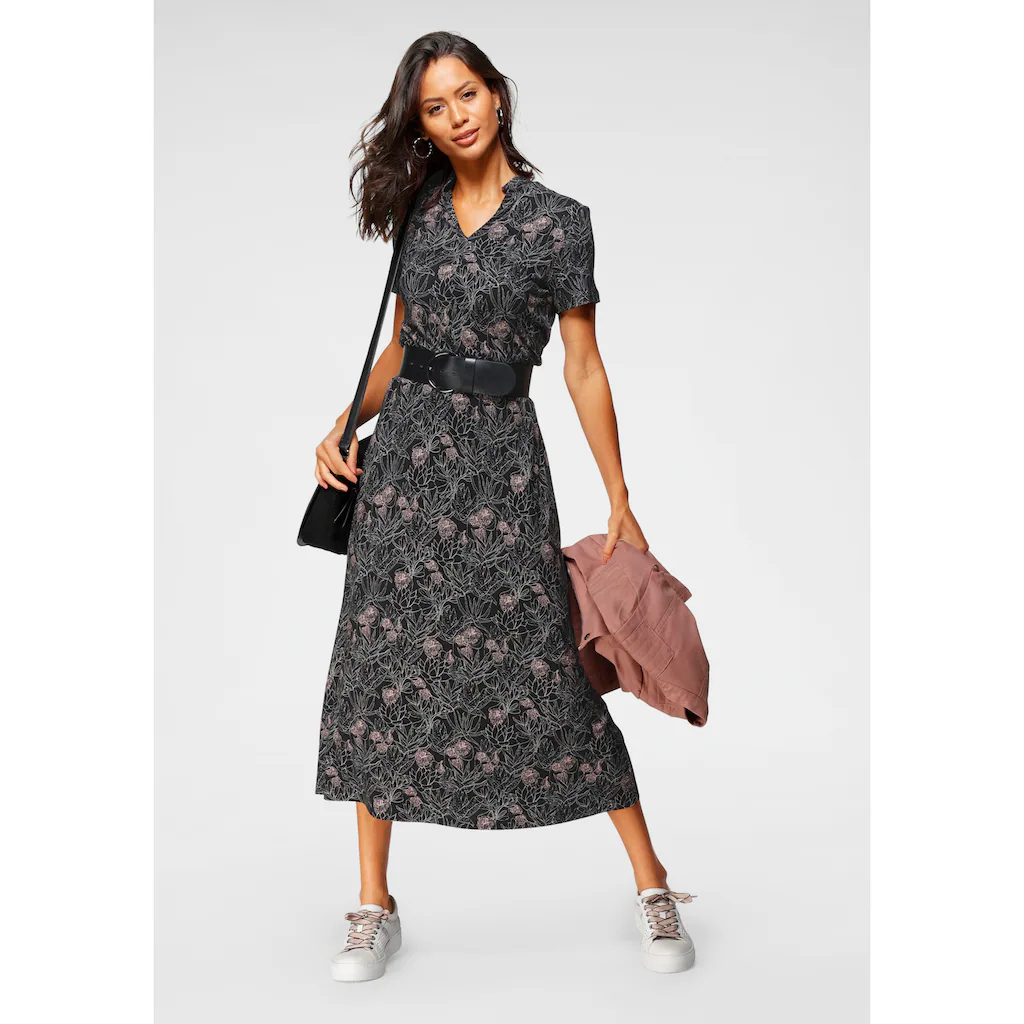 Laura Scott Jerseykleid wadenlang geblümtes Design aus Single Jersey mit Stehkragen