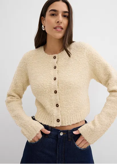 bonprix Lässige Strickjacke mit Knopfleiste kurz geschnitten - beige Kostenloser Versand international