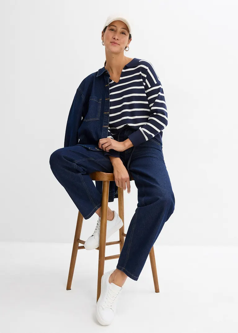 bonprix Pullover mit Kragen in Oversize-Form - blau - Damen Verkauf
