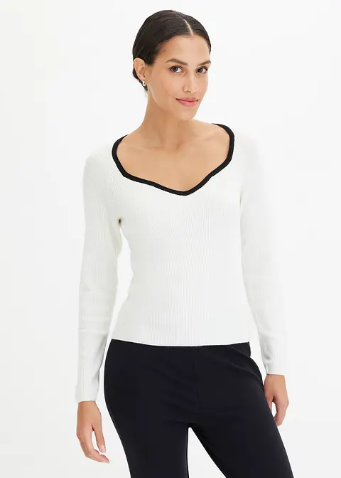 bonprix Pullover mit Kontrast-Piping am Ausschnitt - weiß im Angebot