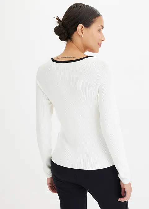 bonprix Pullover mit Kontrast-Piping am Ausschnitt - weiß im Angebot