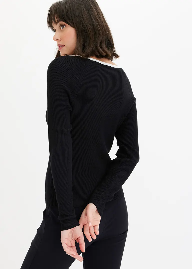 bonprix Pullover mit Kontrast-Piping am Ausschnitt - schwarz Schlussverkauf