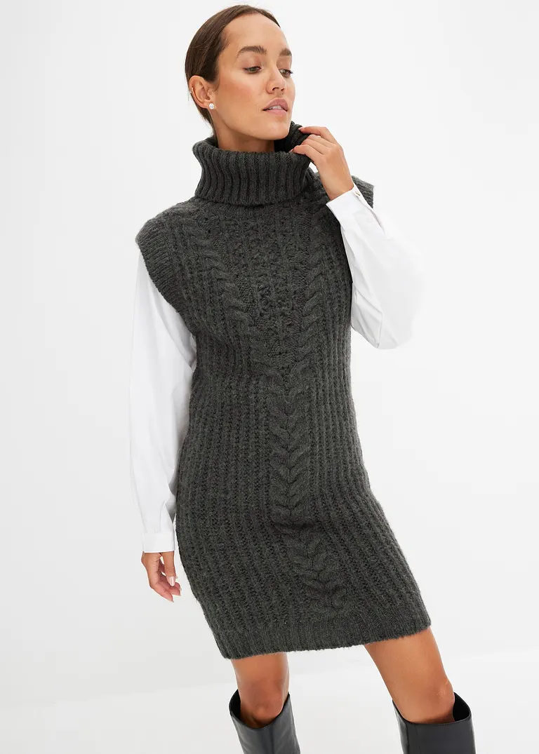 bonprix modisches Strickkleid mit Blusenärmeln und Zopfmuster. - grau Meist gekauft