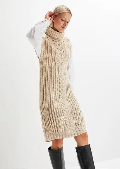bonprix modisches Strickkleid mit Blusenärmeln und Zopfmuster. - beige Blitzverkäufe