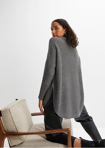 bonprix Modischer Oversize-Pullover mit Ajour-Muster sowie einem großen Rollkragen und zwei seitlichen Schlitzen Kostenloser Versand