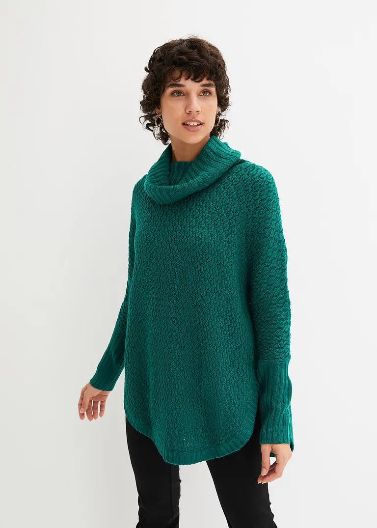 bonprix Modischer Oversize-Pullover mit Ajour-Muster sowie einem großen Rollkragen und zwei seitlichen Schlitzen Limitierter Zeitrabatt