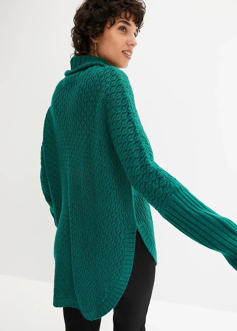 bonprix Modischer Oversize-Pullover mit Ajour-Muster sowie einem großen Rollkragen und zwei seitlichen Schlitzen Limitierter Zeitrabatt