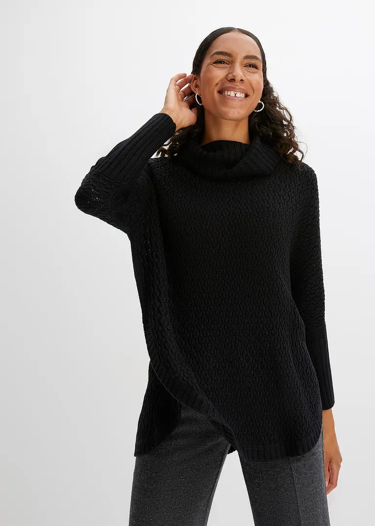 bonprix Modischer Oversize-Pullover mit Ajour-Muster sowie einem großen Rollkragen und zwei seitlichen Schlitzen Fabrikpreis