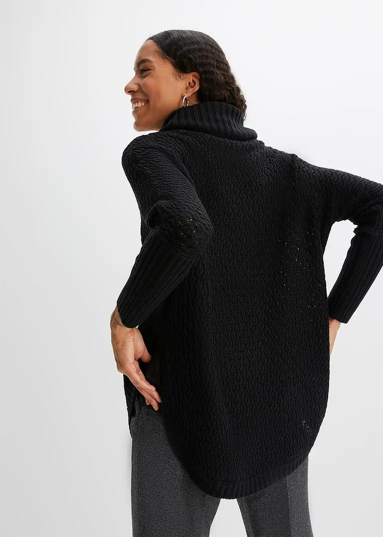 bonprix Modischer Oversize-Pullover mit Ajour-Muster sowie einem großen Rollkragen und zwei seitlichen Schlitzen Fabrikpreis