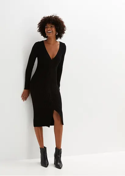 bonprix Feminines figurbetontes Strickkleid mit Schlitz - schwarz - Damen Sonderangebot