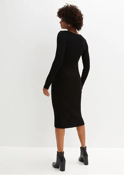 bonprix Feminines figurbetontes Strickkleid mit Schlitz - schwarz - Damen Sonderangebot