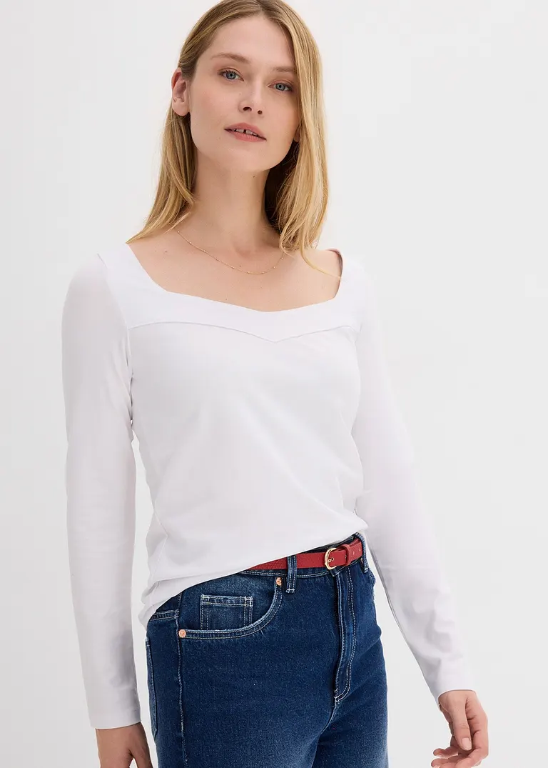 bonprix Langarm-Shirt mit modischem Ausschnitt - weiß - Damen Günstig kaufen