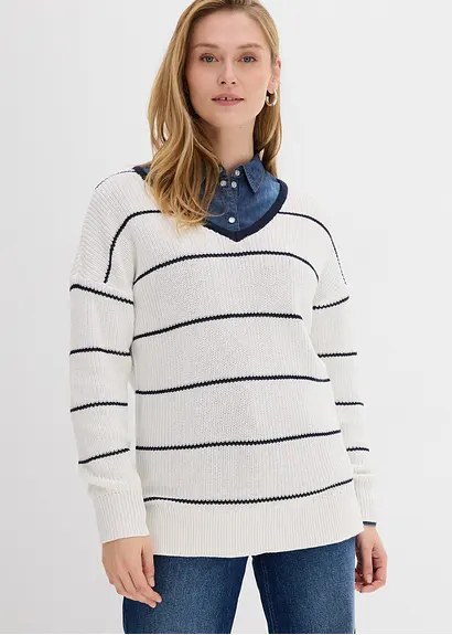 bonprix Pullover mit Allover Streifen-Dessin und V-Ausschnitt - weiß Großer Ausverkauf