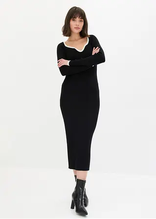 bonprix Strickkleid mit Kontrast-Abschluss am Ausschnitt - schwarz Neueste Mode